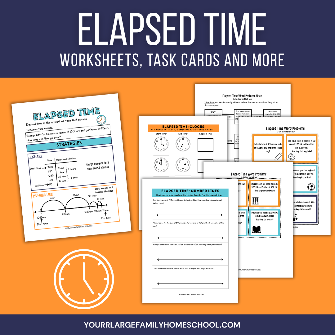Elapsed Time Worksheets for Kids Elapsed time activity pack with worksheets, task cards, and word problems for teaching elapsed time to elementary students